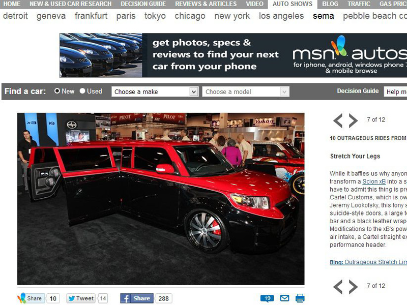 November 2010 MSN Autos Article (#7 Scion XB) “10 Most Outrageous Rides at SEMA”