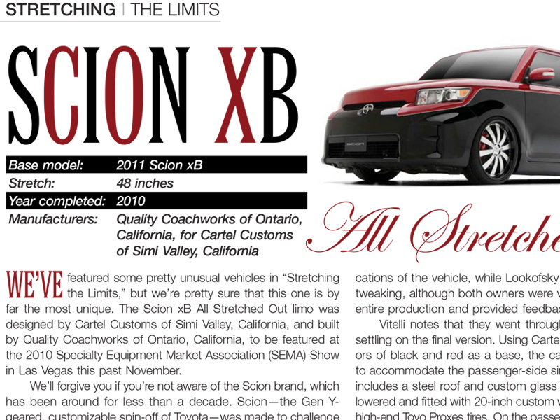 April 2011 Limo Digest Article”Stretching the Limits: Scion XB”