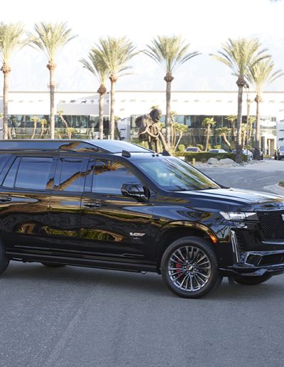 Three-quarter front view of a black Cadillac Escalade SUV parked in front of palm trees, custom-built by Quality Coachworks.
