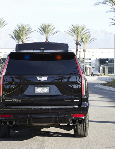 Rear exterior view of a black Cadillac Escalade SUV conversion parked in front of palm trees, built by Quality Coachworks.